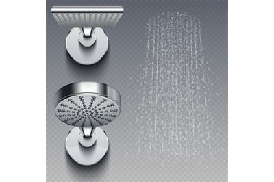 Realistic shower metal heads and trickles of water vector illustration