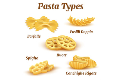 Realistic traditional italian pasta types vector set