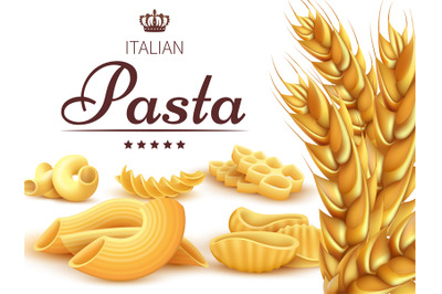 Italian pasta background or poster with wheat