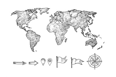 Sketched style world map and navigation elements vector illustration