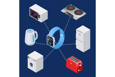 Smart home system with smart clock and house equipment isometric eleme