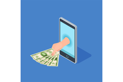 Smartphone online banking vector concept. Hand hold money - isometric