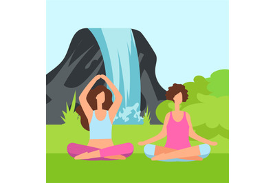 Two meditation women on the nature with green bush and waterfall