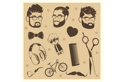 Vector hipster elements set - male heads, scissors