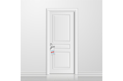 Vector realistic closed white entrance door with do not disturb blank