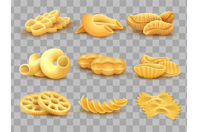 Vector realistic food cooking pasta types isolated