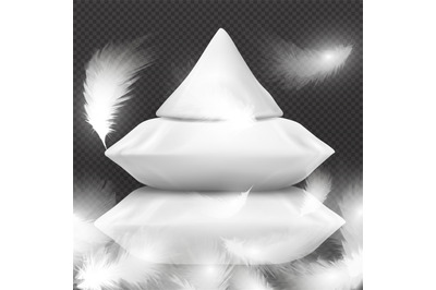 White realistic pillows and flying feathers isolated on background