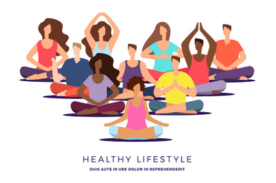 Yoga or pilates class vector illustration. Meditation woman and man