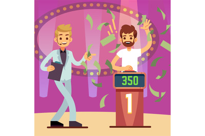 Young happy quiz game winner in the money rain vector illustration