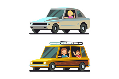 Young happy women driver driving cars flat vector concept