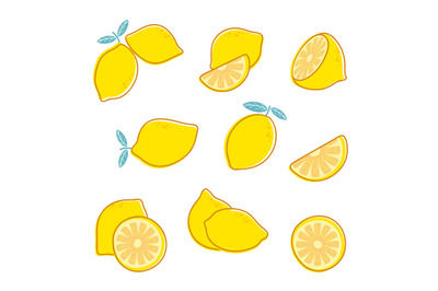 Cut lemon. Fresh citrus fruit. Lemon slice and leaves. Vector collecti