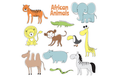 Doodle animals. African baby animal lion, monkey and crocodile, elepha