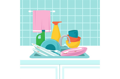 Kitchen sink with dirty plates. Pile of dirty dishes, glasses and wash