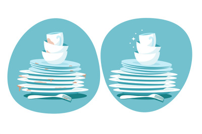 Clean and dirty dishes. Kitchen plates before and after washing. Kitch