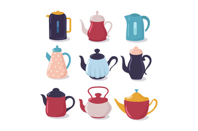 Cartoon kettle set. Teapot with spout kitchenware, household utensils