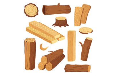 Cartoon timber. Wood log and trunk, stump and plank. Wooden firewood l