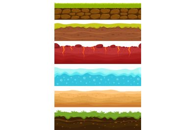 Seamless grounds. Soils, water and land levels with grass, sandy deser