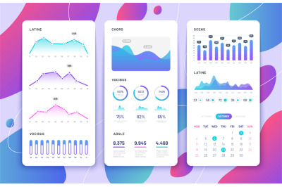 Mobile phone ui. Control panel with statistics charts, diagrams calend