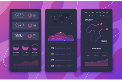 Fitness app ui. Phone dashboards with charts, diagrams and navigation