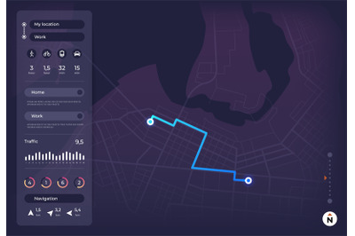 Navigation map. Gps mobile interface with route on city street and loc