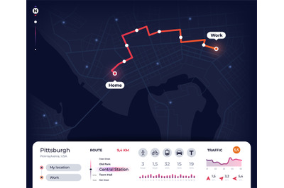 Navigation map. Gps city navigator ui with mapping route, tracking str