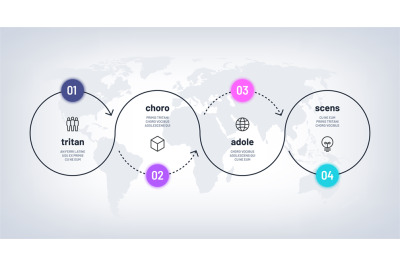 Timeline infographic. Loop process chart with 4 step on world map. Bus