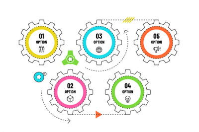 Gears infographic. Engineering timeline concept with 5 options. Workfl