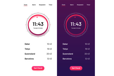 Clock app. Time countdown ui for day and night. Clock interface for sm