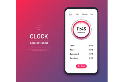 Clock ui. Time countdown interface kit. Modern clock screen phone appl