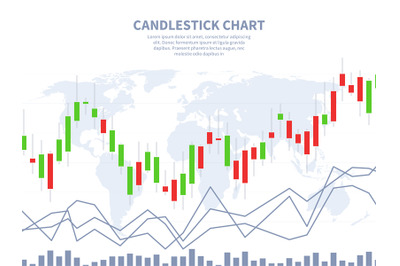 Stock market concept. Candle stick chart world map. Global financial m