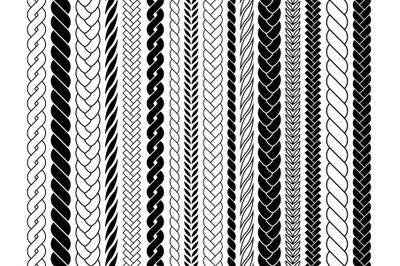 Plaits and braids pattern brushes. Knitting, braided ropes vector isol