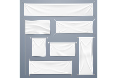 Textile banners. White blank cloth horizontal, vertical banners and fl