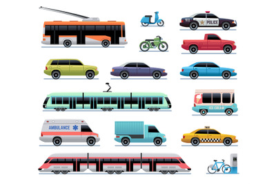 City transport. Cartoon car, bus and truck, tram. Train, trolleybus an