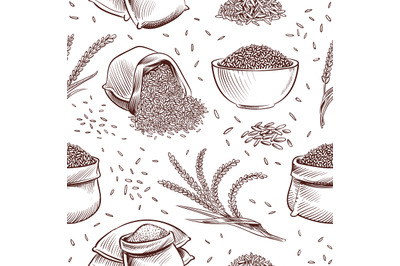 Rice seamless pattern. Hand drawn bowl with rice grains and paddy ears