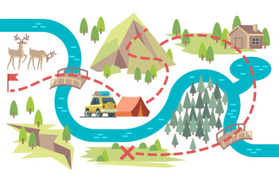 Trail map. Tourists hiking footpath from start to finish with camping