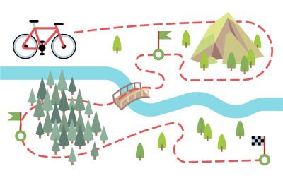 Bike route map. Cycling trip road, country path. Bike adventure tour v