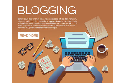 Blogging concept. Writing story book and blog articles. Writer journal