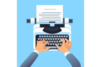 Writer author write article with typewriter. Mans hands type story for