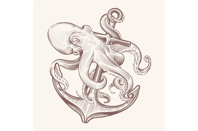 Octopus with anchor. Sketch sea kraken squid holding ship anchor. Octo