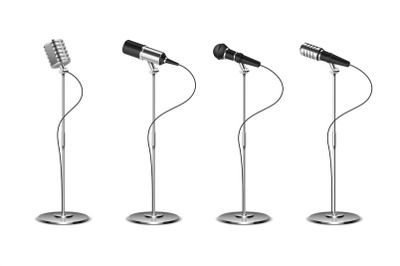 Microphone set. Standing microphones audio equipment. Concept and kara