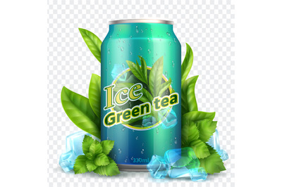 Ice tea background. Realistic can with tea leaves and ice. Product pro