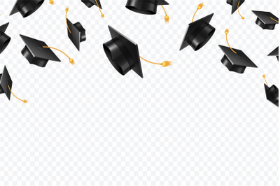 Graduate caps flying. Black academic hats in air. Education isolated v