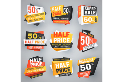 Half price sale tags. Special weekend offer discount, 50 off sale bann