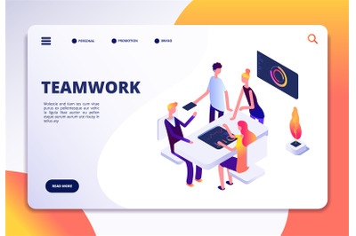 Workspace isometric landing page. People team work in office. Partners