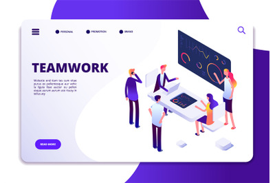 Teamwork isometric landing page. Cartoon business people working at of