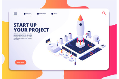 Startup landing page. Successful project launch, isometric rocket peop