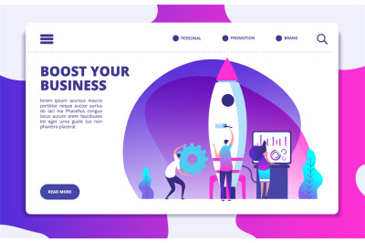 Startup website landing page. People launching rocket. Boost business