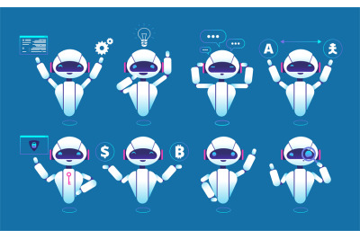 Chatbot character. Cute robot online chat robot in different poses. Ch