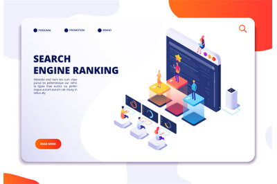 Search engine rank isometric landing page. Seo marketing and analytics