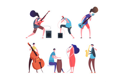 Music band. Cartoon musicians, punk guys with musical instruments play